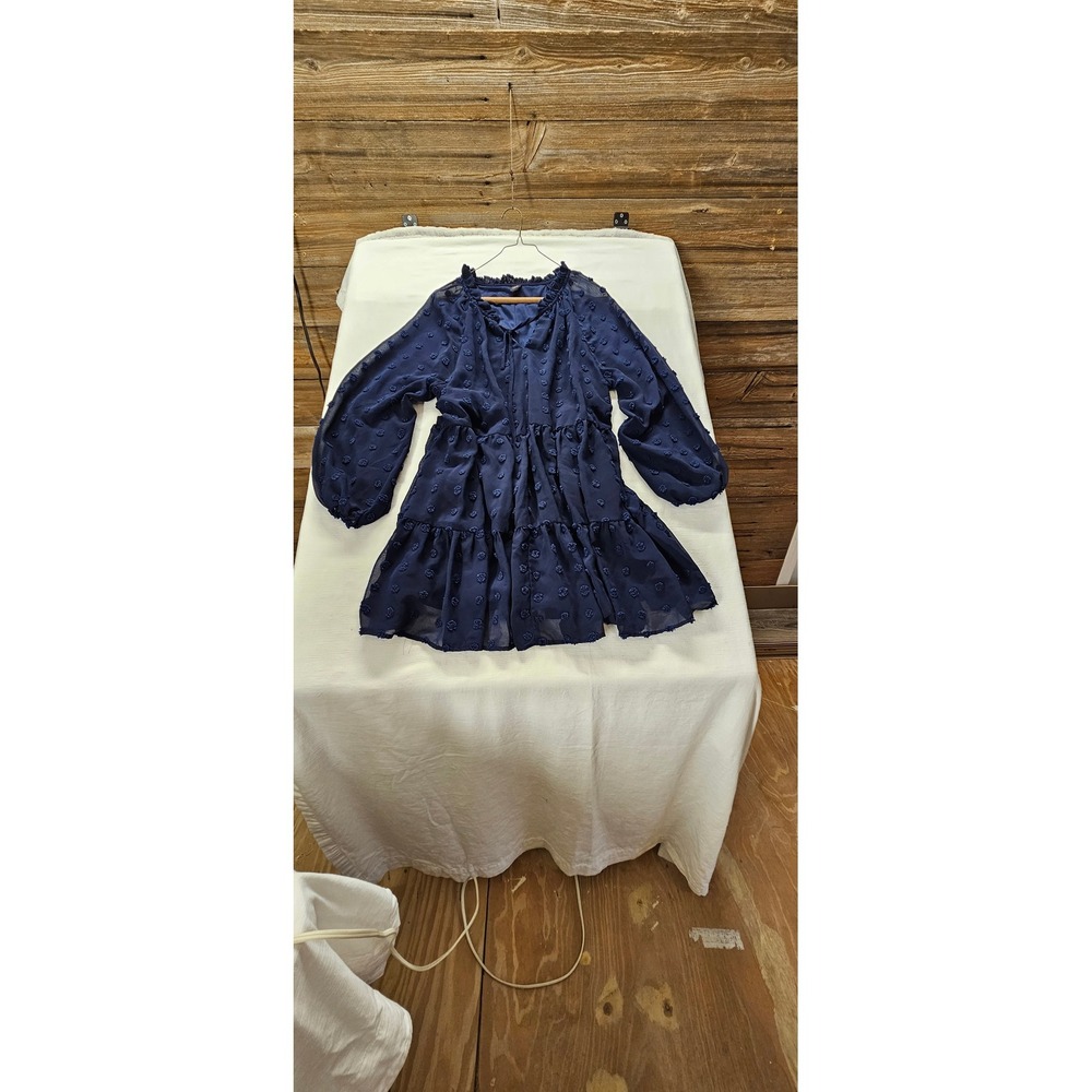 Joah Premium Navy Blue Swiss Dot Tiered Babydoll Tunic Dress Womens Medium